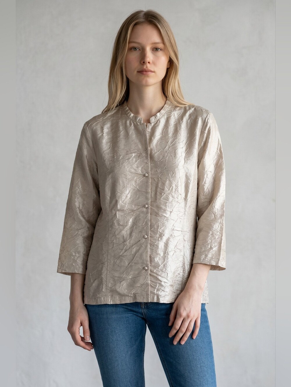 Eileen Fisher Light Beige Crinkled Silk Button Front Jacket Shirt Size M